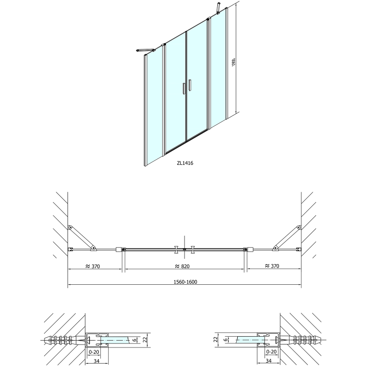 ZOOM drzwi prysznicowe 160x190 cm dwuskrzydłowe, szkło czyste ZL1416 rysunek