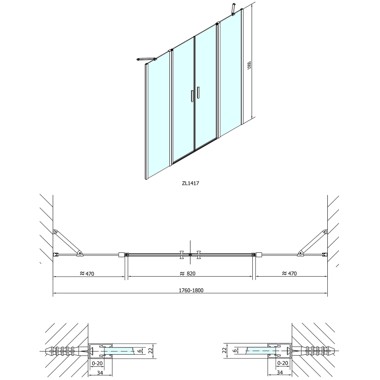ZOOM drzwi prysznicowe 180x190 cm dwuskrzydłowe, szkło czyste ZL1417 rysunek