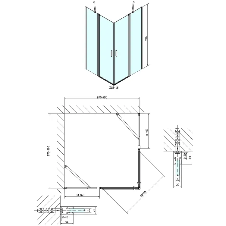 ZOOM  Kabina prysznicowa narożna kwadratowa 100x100x190 cm ZL5416 rysunek