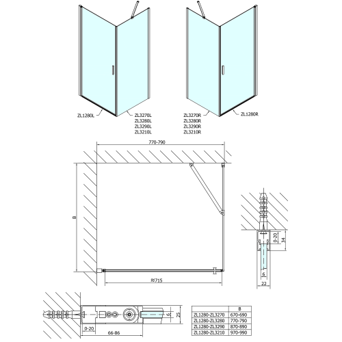 ZOOM  kabina prysznicowa prostokątna 90x100x190 cm wariant L/P ZL1290ZL3210 rysunek