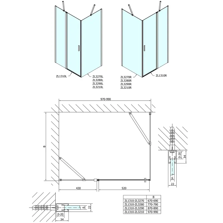 ZOOM  kabina prysznicowa prostokątna 100x90x190 cm wariant L/P ZL1310ZL3290 rysunek