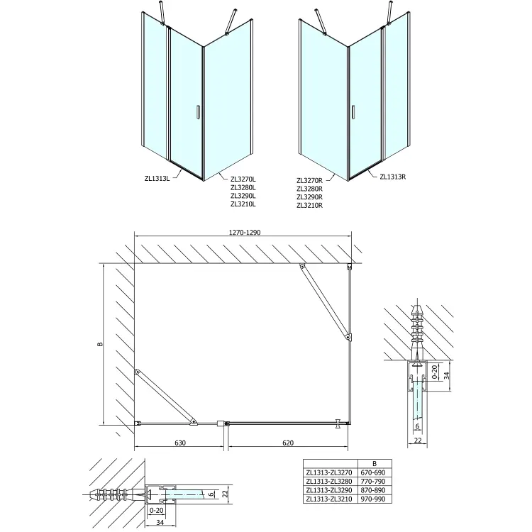 ZOOM  kabina prysznicowa prostokątna 130x80x190 cm wariant L/P ZL1313ZL3280 rysunek techniczny