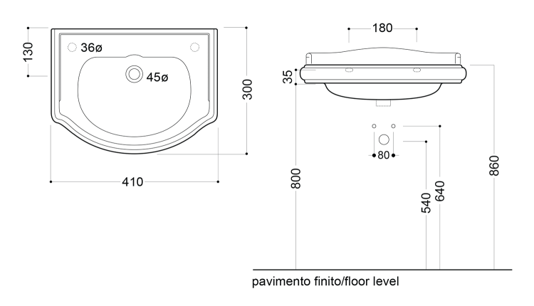 RETRO Umywalka ceramiczna bez przelewu bez otworu na baterię 41x30 cm czarny mat 103331 rysunek techniczny