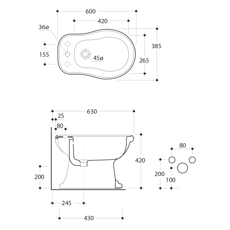 RETRO Bidet stojący z otworem na baterię czarny mat 102031 rysunek techniczny