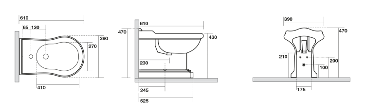RETRO Bidet stojący 39x61 cm z otworem na baterię czarny mat 102231 rysunek techniczny