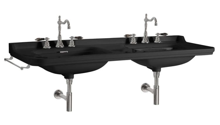 WALDORF Umywalka ceramiczna podwójna 150x55 cm czarny mat 4143K7 z baterią