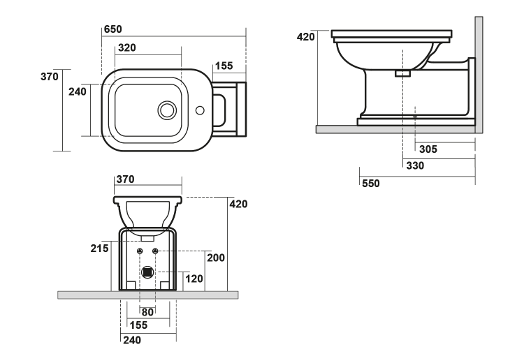 WALDORF Bidet ceramiczny stojący z otworem na baterię czarny mat 4120K7 rysunek techniczny