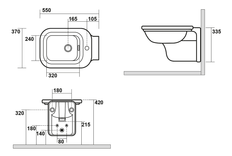 WALDORF Bidet ceramiczny podwieszany z otworem na baterię czarny mat 4125K7 rysunek techniczny