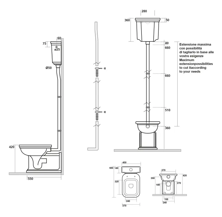 WALDORF Zbiornik wody wysoki ceramiczny do miski WC czarny mat 418031 rysunek techniczny