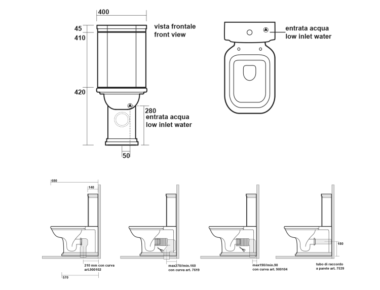 WALDORF kompakt WC, odpływ poziomy/pionowy, czarny-chrom WCSET25-WALDORF rysunek techniczny