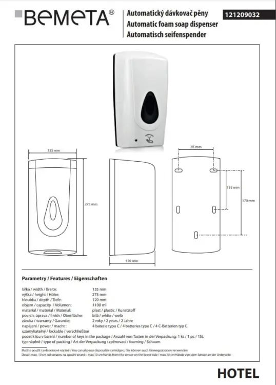 Automatyczny dozownik do mydła 1000 ml biały 121209032 rysunek