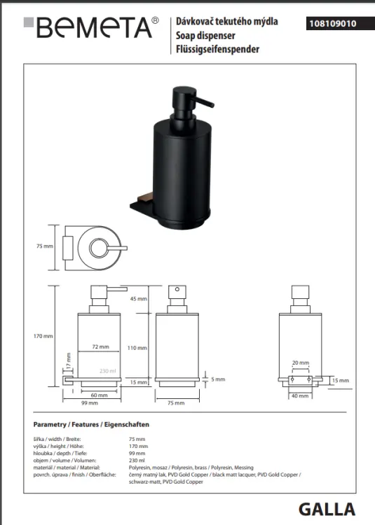 GALLA Dozownik do mydła 230 ml 108109010 rysunek