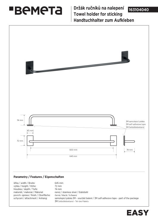 EASY Wieszak na ręcznik 60 cm czarny mat 163104040 rysunek