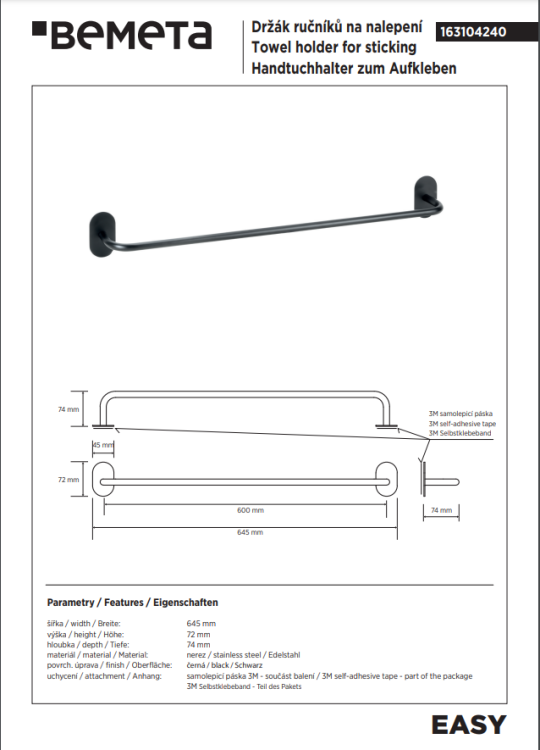 EASY Wieszak na ręcznik 60 cm czarny mat 163104240 rysunek