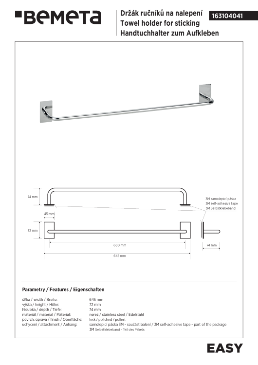 EASY Wieszak na ręcznik 60 cm stal nierdzewna polerowana 163104041 rysunek
