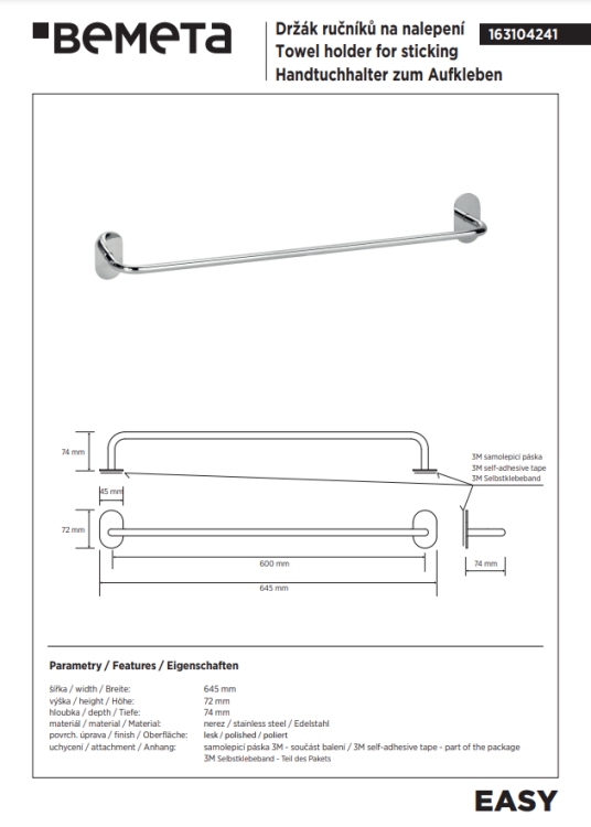 EASY Wieszak na ręcznik 60 cm stal nierdzewna polerowana 163104241 rysunek