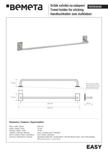 EASY Wieszak na ręcznik 60 cm stal nierdzewna szczotkowana 163104045 rysunek