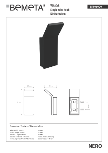 NERO Wieszaczek pojedyńczy 135106020 rysunek
