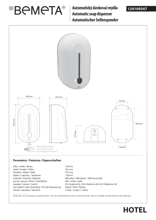 Automatyczny dozownik do mydła 1100 ml biały 124109347 rysunek