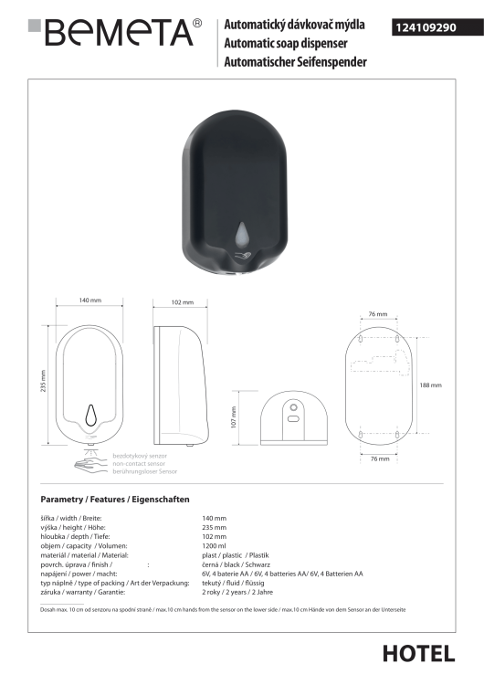 Automatyczny dozownik do mydła 1200 ml czarny 124109290 rysunek