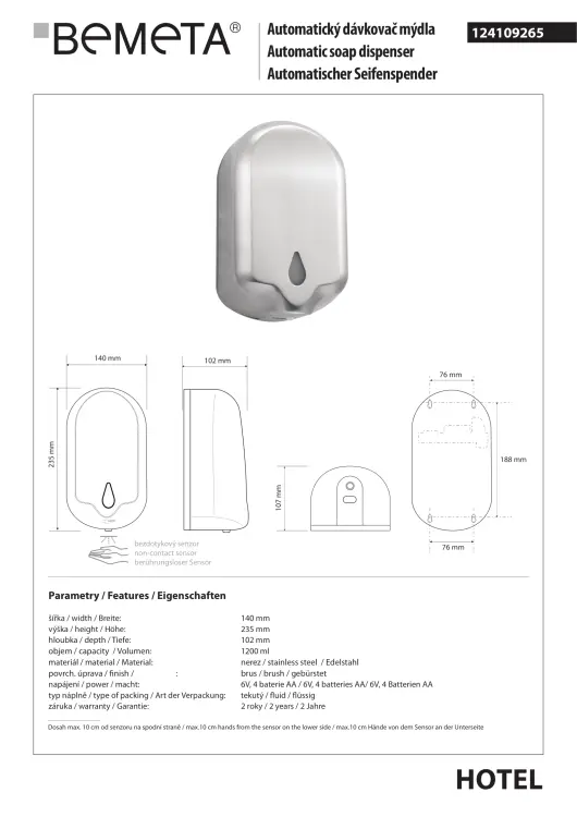 Automatyczny dozownik do mydła 1200 ml stal nierdzewna mat 124109265 rysunek