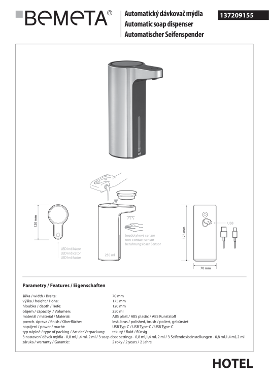 Automatyczny dozownik do mydła 250 ml, stal nierdzewna mat 137209155 rysunek