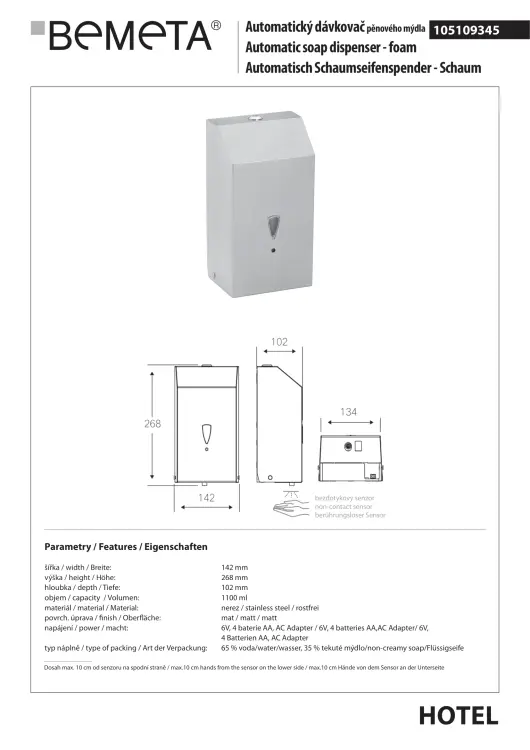Automatyczny dozownik do mydła w pianie 1100 ml stal nierdzewna mat 105109345 rysunek