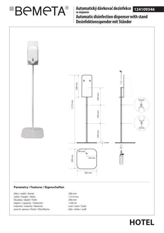 Automatyczny dozownik do mydła ze stojakiem 1100 ml biały 124109346 rysunek