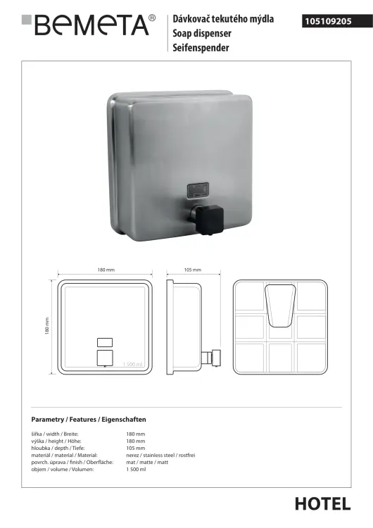 Dozownik do mydła 1500 ml stal nierdzewna mat 105109205 rysunek