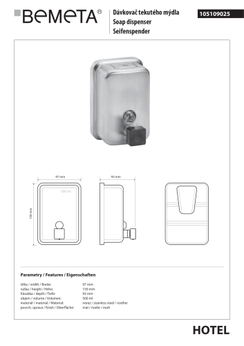 Dozownik do mydła 500 ml stal nierdzewna mat 105109025  rysunek
