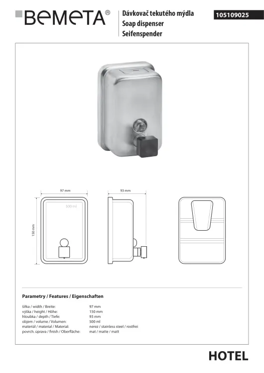 Dozownik do mydła 500 ml stal nierdzewna mat 105109025  rysunek