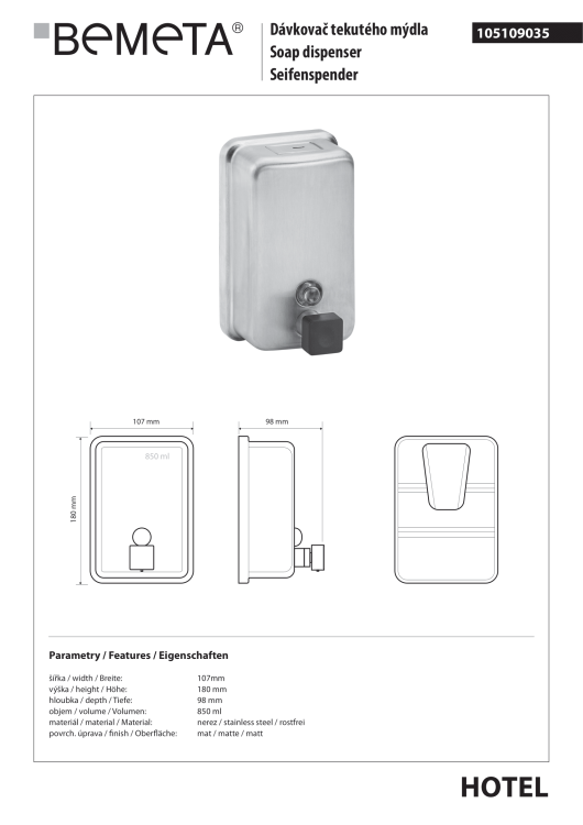 Dozownik do mydła 850 ml stal nierdzewna mat 105109035 rysunek