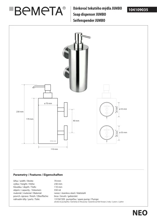NEO Dozownik do mydła 550 ml Jumbo 104109035 rysunek