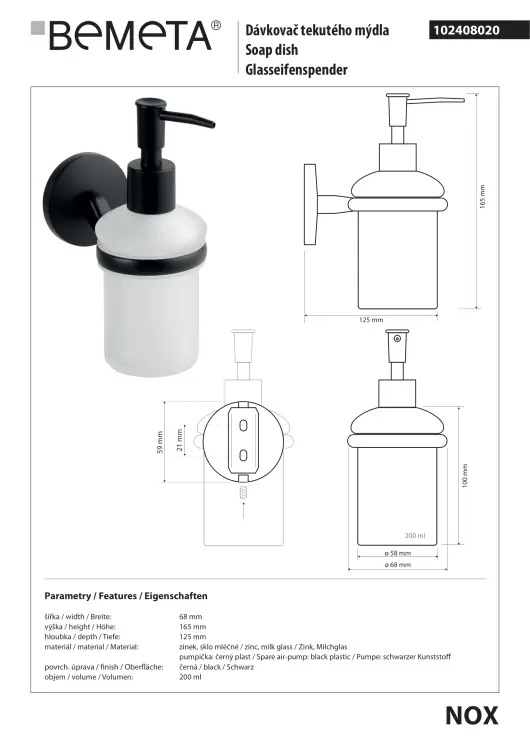 NOX Dozownik do mydła 200 ml 102408020 rysunek