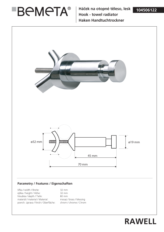 RAWELL Wieszaczek do grzejnika na ręcznik, ze stali nierdzewnej 104506122 rysunek