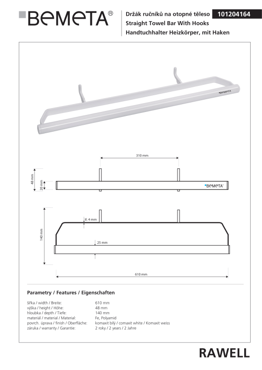 RAWELL Wieszak do grzejnika na ręcznik, biały 101204164 rysunek