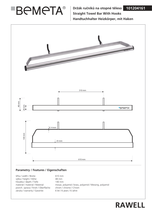 RAWELL Wieszak do grzejnika na ręcznik, ze stali nierdzewnej 101204161 rysunek