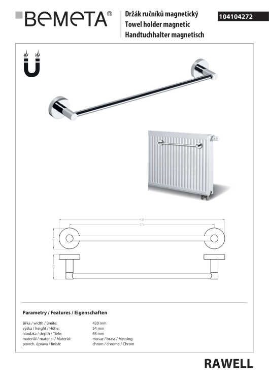 RAWELL Wieszak magnetyczny na ręcznik do grzejnika 43 cm chrom 104104272  rysunek