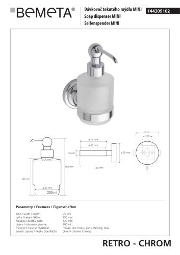 RETRO Dozownik do mydła 200 ml MINI chrom połysk 144309102 rysunek