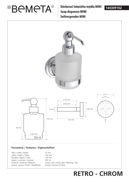 RETRO Dozownik do mydła 200 ml MINI chrom połysk 144309102 rysunek