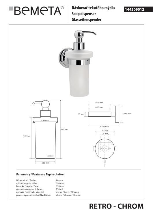 RETRO Dozownik do mydła 300 ml chrom połysk 144309012 rysunek