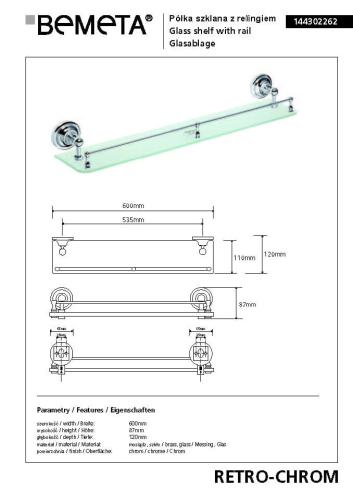 RETRO Półka szklana z relingiem 60 cm chrom połysk 144302262 rysunek
