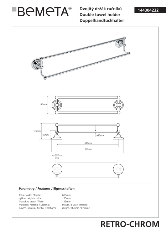 RETRO Wieszak na ręcznik podwójny 60 cm chrom połysk 144304232 rysunek