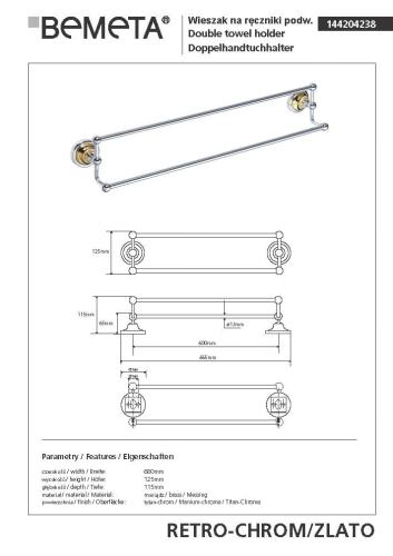 RETRO Wieszak na ręcznik podwójny 60 cm chrom-złoto 144204238  rysunek