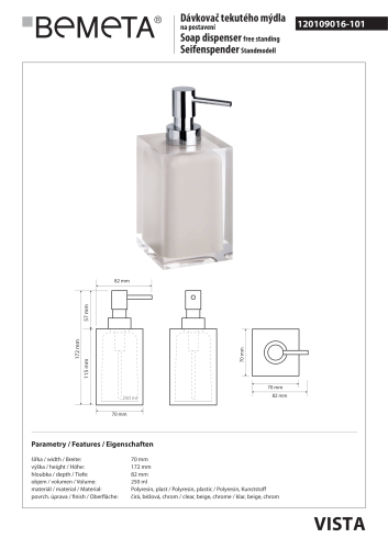 Vista Dozownik do mydła Beż 250 ml 120109016-101 rysunek