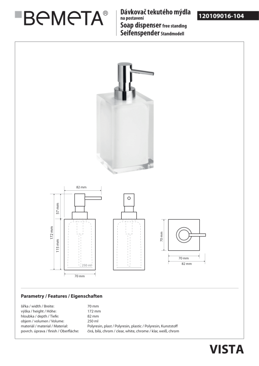 Vista Dozownik do mydła Biały 250 ml 120109016-104 rysunek