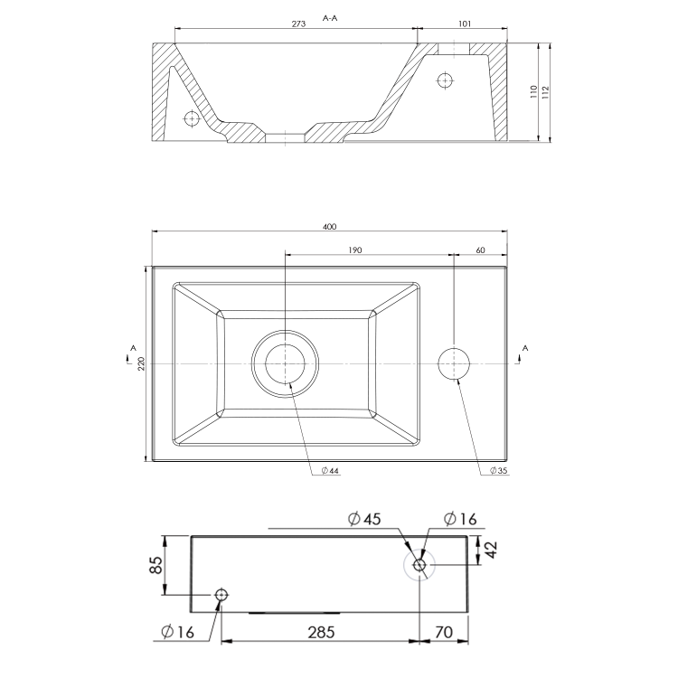 AMAROK umywalka kompozytowa 40x11x22 cm, czarny mat, bateria z prawej strony AR500B rysunek