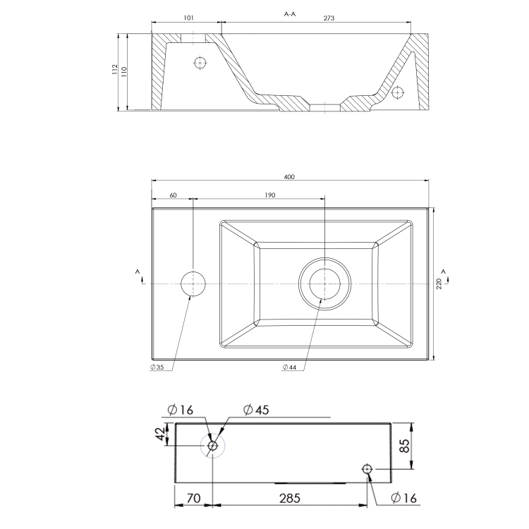 AMAROK umywalka kompozytowa 40x11x22 cm, czarny mat, bateria z lewej strony AR400B rysunek techniczny