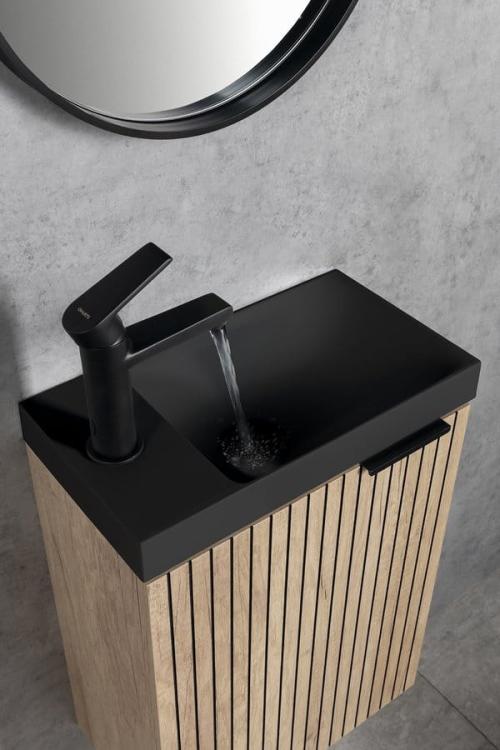 AMAROK umywalka kompozytowa 40x11x22 cm, czarny mat, bateria z lewej strony AR400B wizualizacja