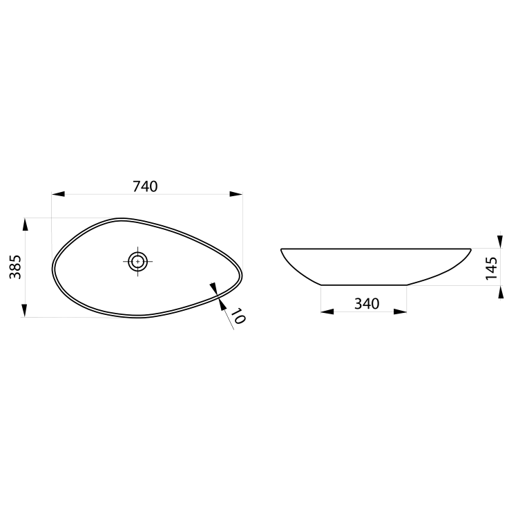 OVALI umywalka ceramiczna 74x38,5 cm, biała TU0713  rysunek techniczny